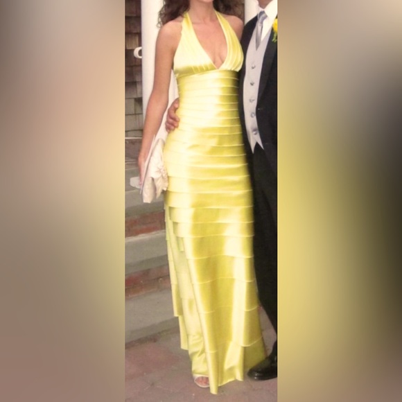 BCBGMaxAzria Dresses & Skirts - BCBGMaxAzria Yellow Halter Laser Cut Tiered Gown